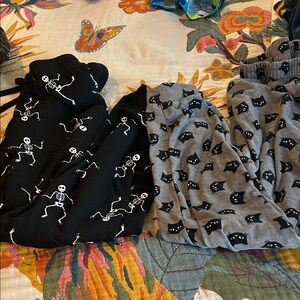Skeleton and Cat Print Sweat Pants
